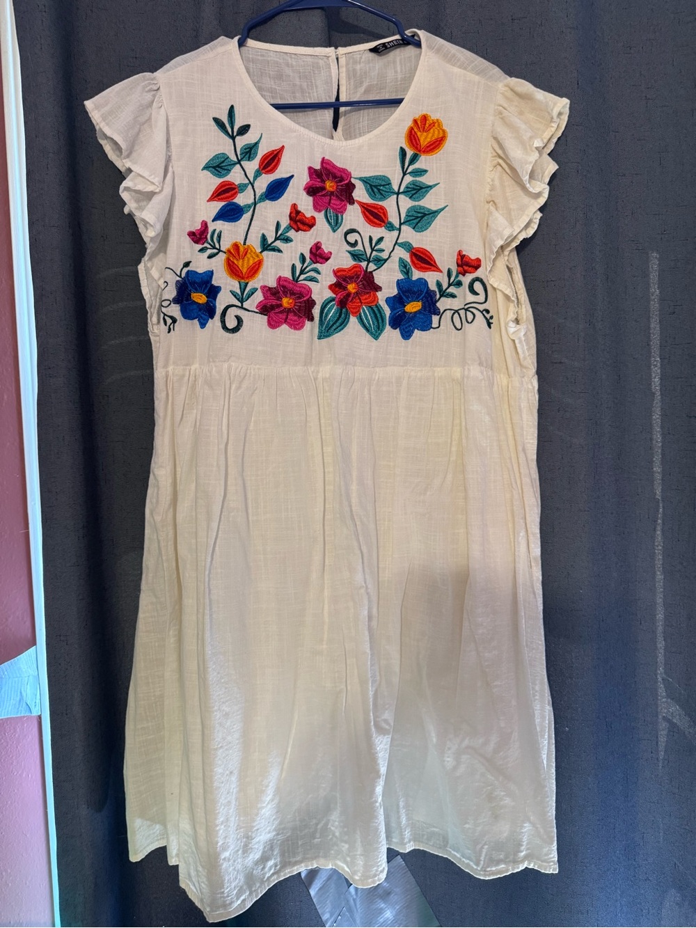 Embroidered white Casual Women's Dress with Flutter Sleeves - Picture 3 of 3